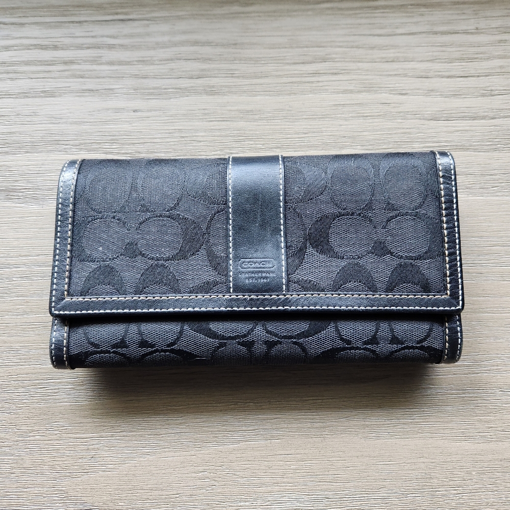 COACH Long Black Leather & Canvas Signature “C” Wallet with Insert